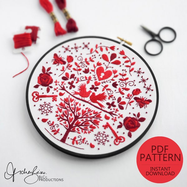 FEBRUARY Monthly Monochromatic Folk Art Inspired Series Embroidery Pattern & Guide - DIY Digital Download, PDF Pattern (BeCoProductions)