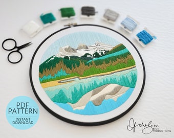 Mountain Landscape No.04, Three Sisters, Canmore Alberta, Satin Stitches Embroidery Pattern & Guide, PDF Digital Download (BeCoProductions)