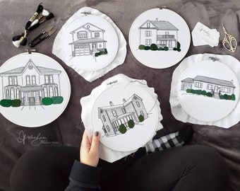 CUSTOM HOUSE PORTRAIT (7-9inch hoop) - HouseWarming - Real Estate - Anniversary Gift  - Cotton Gift - Mothers Day - Christmas Gift - Moving