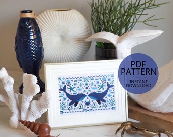 Summer Whale Folk Art Scene - PDF Digital Download Cross Stitch Pattern & Guide