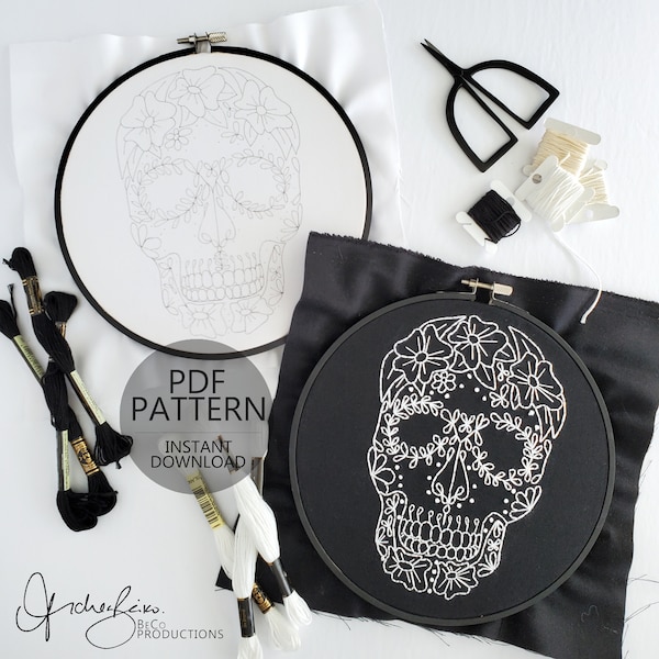 Floral Skull Embroidery Pattern & Guide - PDF Digital Download - Sugar Skull - Day of The Dead Art, Modern Embroidery (BeCoProductions)