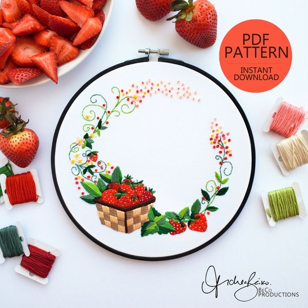 Strawberry Floral Wreath Embroidery Pattern - DIY Digital Download - PDF Pattern - Modern Embroidery - Strawberry Blossoms (BeCoProductions)