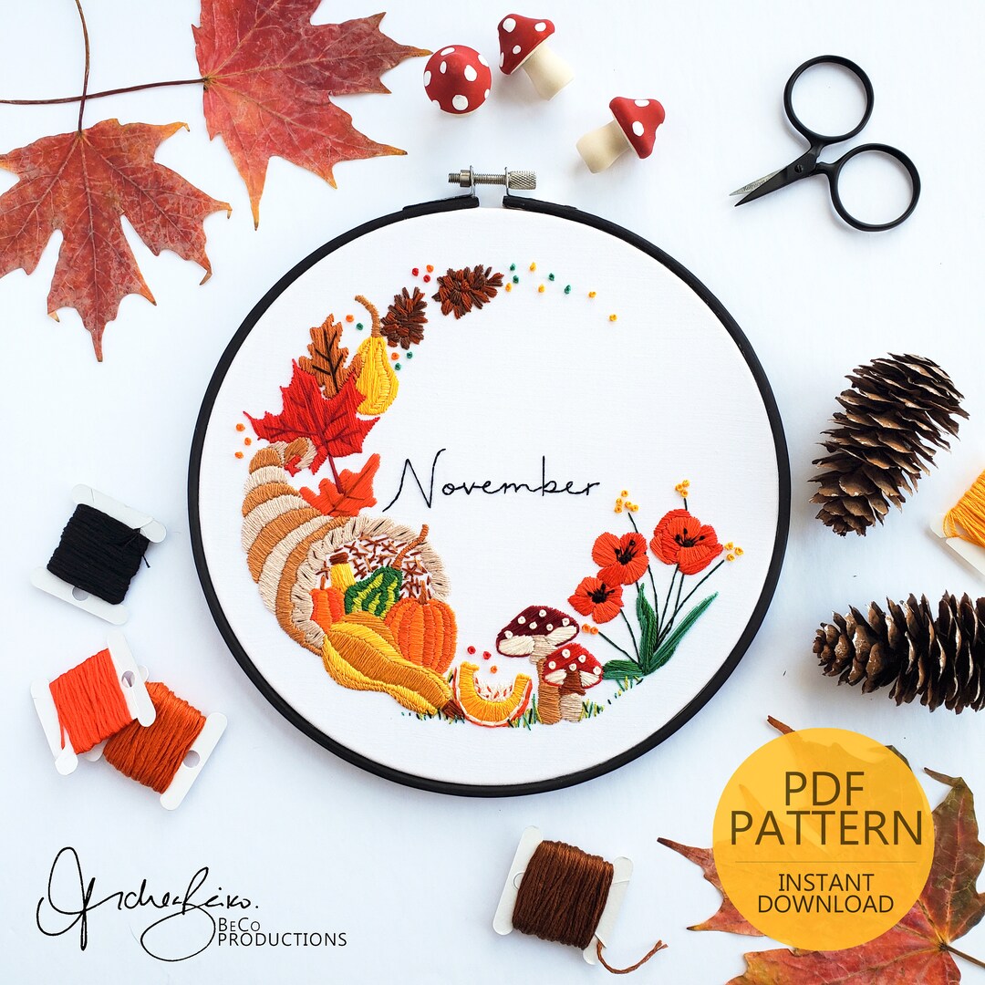 Novmber Patterns NOVEMBER Monthly Series Wreath - PDF Digital Download Embroidery ...