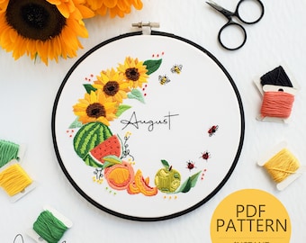 AUGUST Monthly Series Wreath - PDF Digital Download Embroidery Pattern & Guide