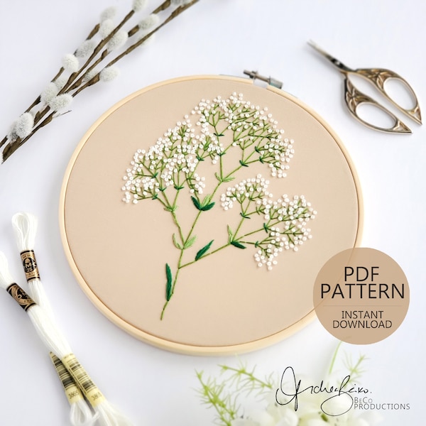 Baby's-Breath Floral Embroidery Pattern and Guide - DIY Digital Download - PDF Pattern, Beginner Embroidery Pattern (BeCoProductions)