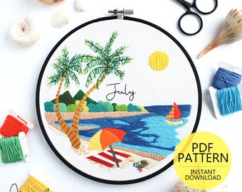 JULY Monthly Series Wreath Embroidery Pattern & Guide - DIY Digital Download - PDF Pattern, Monthly Embroidery Series (BeCoProductions)