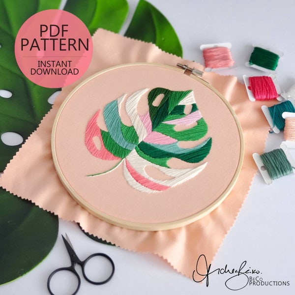 Variegated Monstera Leaf Satin Stitch Embroidery Pattern & Guide - PDF Digital Download (BeCoProductions) Plant Lady, Pink Monstera Leaf