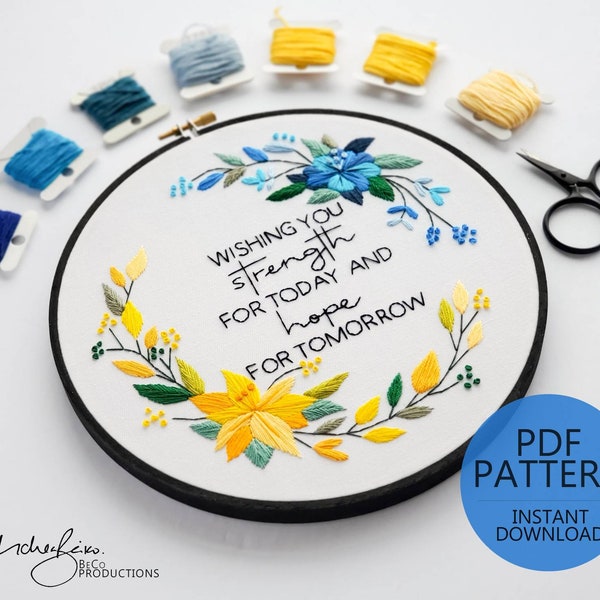 Blue and Yellow Floral Wreath Embroidery Pattern & Guide - DIY Digital Download, PDF Pattern, Satin Stitch Pattern (BeCoProductions)