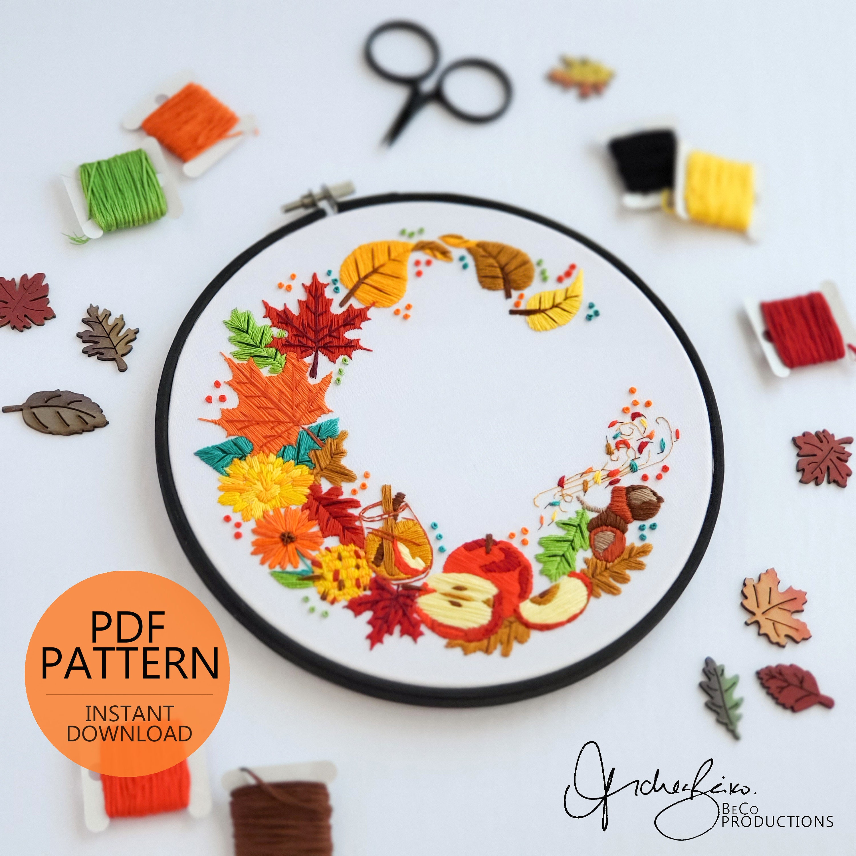 Leafy Autumn Wreath - PDF Digital Download Embroidery Pattern & Guide ...