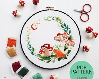 Mushroom Wreath - PDF Digital Download Embroidery Pattern & Guide