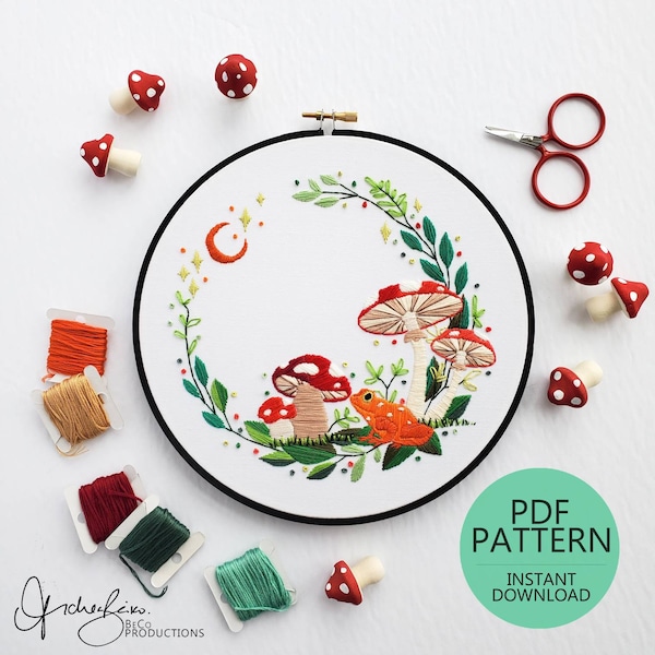 Mushroom Wreath Embroidery (with frog) Pattern & Guide - DIY Digital Download - PDF Pattern, Beginner Embroidery Pattern (BeCoProductions)