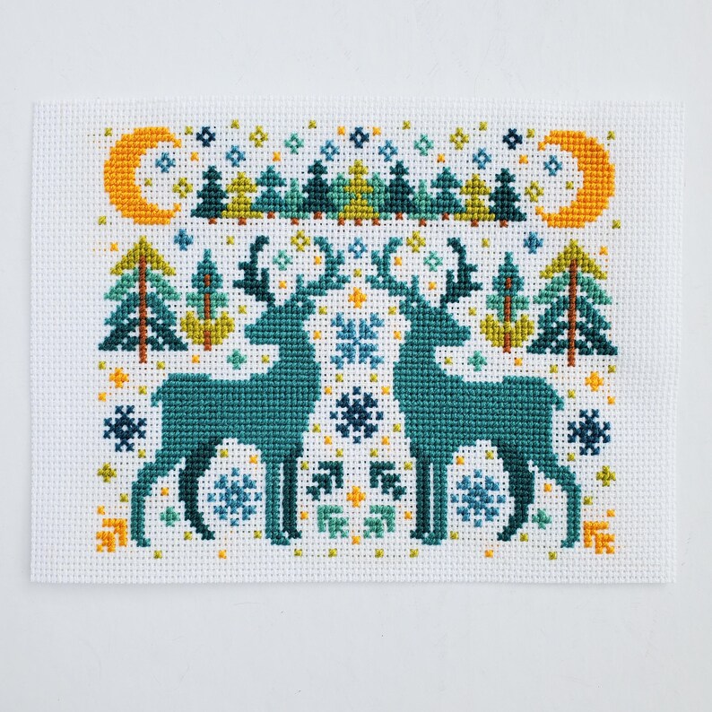 Winter Deer Folk Art Scene - PDF Digital Download Cross Stitch Pattern ...