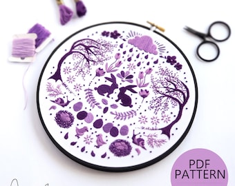 APRIL  Monthly Monochromatic Folk Art Inspired Series - PDF Digital Download Embroidery Pattern & Guide