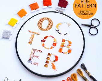 OCTOBER Monthly Text Series - PDF Digital Download Embroidery Series Pattern & Guide