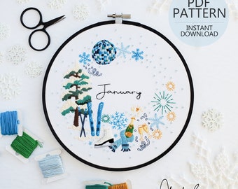 JANUARY Monthly Series Wreath Embroidery Pattern & Guide - DIY Digital Download - PDF Pattern, January Embroidery, Monthly Embroidery Series