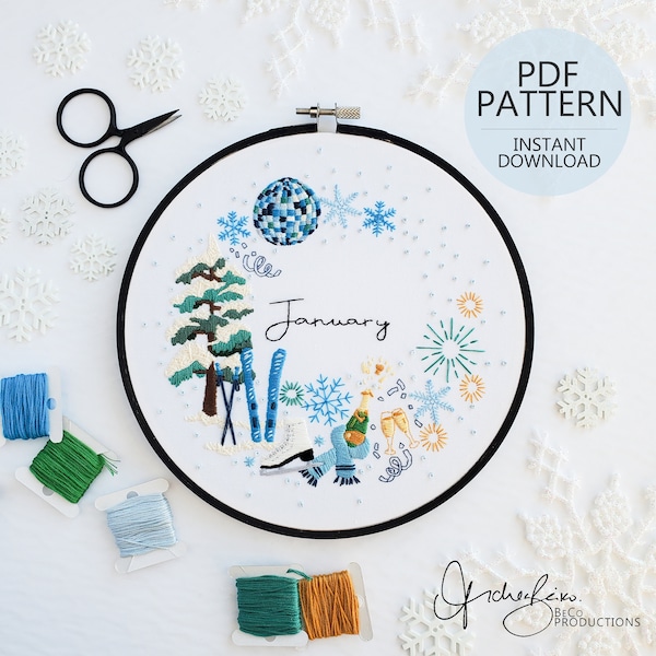 JANUARY Monthly Series Wreath Embroidery Pattern & Guide - DIY Digital Download - PDF Pattern, January Embroidery, Monthly Embroidery Series