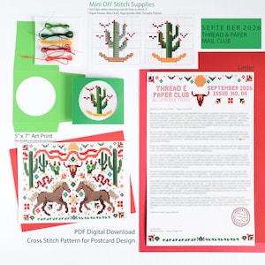 May include: A DIY cross-stitch kit including a cactus pattern on Aida cloth, colored embroidery threads, a green paper frame, a 5" x 7" art print postcard, and a September 2026 Thread & Paper Mail Club letter with a cross-stitch horse design.