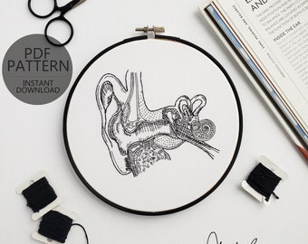 Ear and Inner Ear Anatomy Embroidery Pattern - DIY Digital Download - PDF Pattern - Modern Hand Embroidery - Anatomy Art (BeCoProductions)