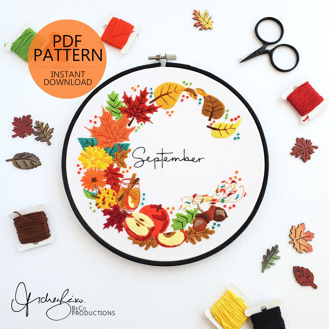 SEPTEMBER Monthly Series Wreath Embroidery Pattern & Guide - Digital ...
