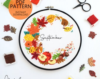 SEPTEMBER Monthly Series Wreath Embroidery Pattern & Guide - Digital Download - PDF Pattern, September Embroidery, Monthly Embroidery Series