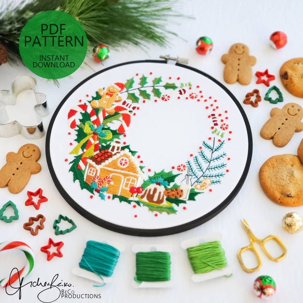 Weihnachtskranz mit Süßigkeiten und Essen Kranz Stickmuster & Anleitung - PDF Digital Download (BeCoproductions) Lebkuchen-Stickerei, Weihnachtsessen