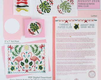Thread & Paper Club Mail Club, August 2026 (Issue 03) Tropical Flamingo Folk Art Inspired Cross Stitch Pattern (BeCoProductions)