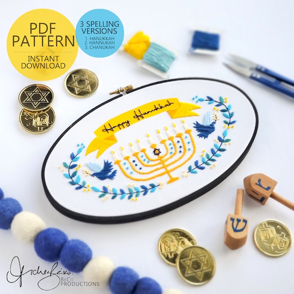 Happy Hanukkah Wreath Embroidery Pattern & Guide (BeCoProuctions) Chanukah Embroidery, Hannukah Art, Blue and Yellow Embroidery, Menorah Art