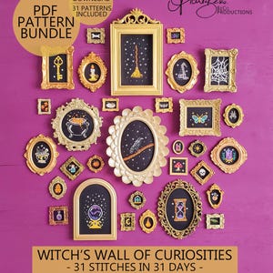 May include: A collection of 31 cross-stitch patterns titled Witch's Wall of Curiosities, featuring various mystical motifs like a broom, raven, crystal ball, and hourglass, each displayed in ornate gold frames against a solid purple background.