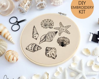 Seashell Drawing Beach Embroidery DIY Stitch KIT - Beginner Friendly, Supplies, DIY Embroidery (BeCoProductions)