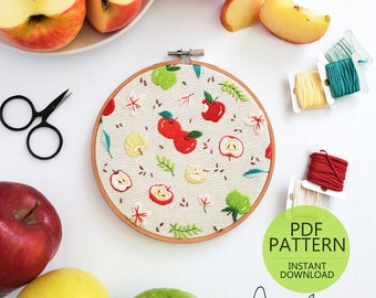Patrón y guía de bordado digital en PDF con diseño del ciclo de vida de la manzana.