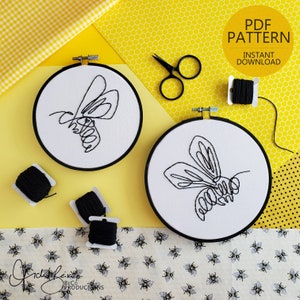 Bee Line Drawing Embroidery Patterns - DIY DIgital Download - PDF Pattern - Modern Hand Embroidery - Yellow Art, Bumblebee (BeCoProductions)