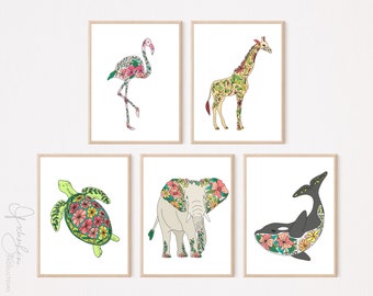 Floral Animals Original Drawings - DIGITAL DOWNLOAD - Nursery Decor - Home Decor - Childrens Room - Animals - Flowers - Flamingo - Elephant