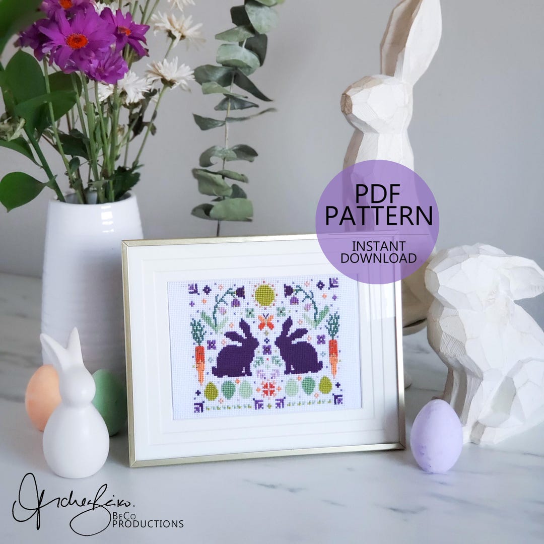 Spring Rabbit Folk Art Scene - PDF Digital Download Cross Stitch ...