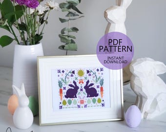 Spring Rabbit Folk Art Scene - PDF Digital Download Cross Stitch Pattern & Guide