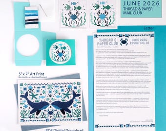 Thread & Paper Club Mail Club Catch Up Edition, June 2026 (Issue 01) Ocean Whale Folk Art Inspired Cross Stitch Pattern (BeCoProductions)