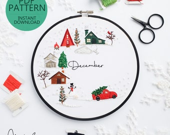 DECEMBER Monthly Series Wreath Embroidery Pattern & Guide - Digital Download - PDF Pattern, December Embroidery, Monthly Embroidery Series