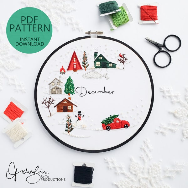 DECEMBER Monthly Series Wreath Embroidery Pattern & Guide - Digital Download - PDF Pattern, December Embroidery, Monthly Embroidery Series