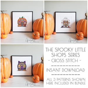 May include: Three framed cross stitch patterns from The Spooky Little Shops Series, featuring a pumpkin bookstore, a ghost cafe, and a cat antique shop. Each square design is displayed in a black frame with a white mat, showcasing detailed embroidery.