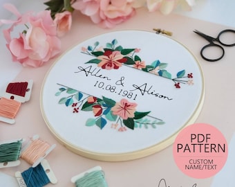Custom Name/Surname DIY Embroidery Digital Download Pattern Floral Banner (8-inch Pattern) (BeCoProductions)