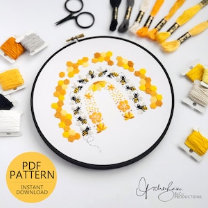Puede incluir: Un aro de bordado blanco con un diseño de abejas y panales amarillos y negros. El diseño presenta un arcoíris con abeilles volando a su alrededor. El aro está rodeado de ovillos de hilo de bordar amarillo, blanco y negro.