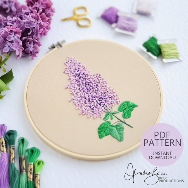 Lilac French Knot Floral Embroidery Pattern and Guide - DIY Digital Download - PDF Pattern, Beginner Embroidery Pattern (BeCoProductions)