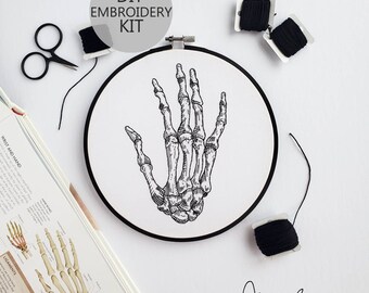 Skeletal Hand Embroidery Series DIY Stitch KIT - Beginner Friendly, Pattern, Guide, Supplies, DIY Embroidery, Anatomy Art (BeCoProductions)