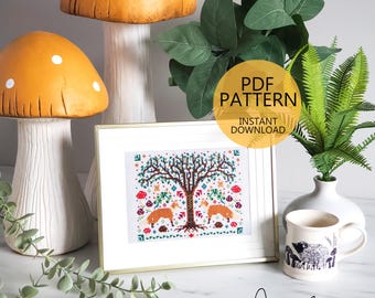 Spring Fox Folk Art Scene - PDF Digital Download Cross Stitch Pattern & Guide