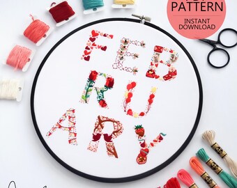 FEBRUARY Monthly Text Series - PDF Digital Download Embroidery Series Pattern & Guide