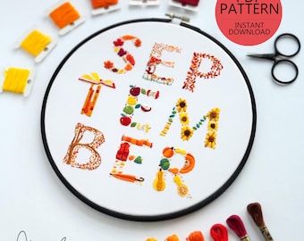 SEPTEMBER Monthly Text Series - PDF Digital Download Embroidery Series Pattern & Guide