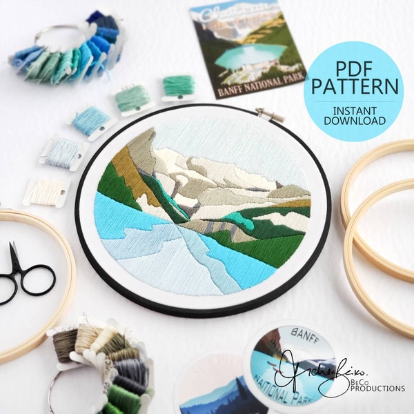 Mountain Landscape No.03, Lake Louise, Banff Alberta, Satin Stitches Embroidery Pattern & Guide, PDF Digital Download (BeCoProductions)