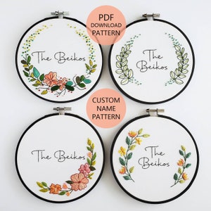 CUSTOM Name/Surname DIY Embroidery Digital Download Pattern Floral Wreath (BeCoProductions) Embroidery Pattern, Floral Embroidery, Digital