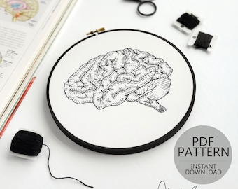 May include: A black and white line drawing of a human brain in a white embroidery hoop with a black outer ring. The text "PDF PATTERN INSTANT DOWNLOAD" is below the hoop. The text "J.C. Reiko. BECCO PRODUCTIONS" is at the bottom of the image.