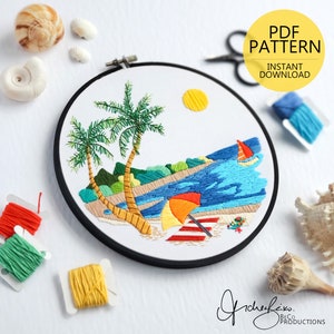 Beach Landscape Satin Stitch No.02 Embroidery Pattern & Guide - PDF Digital Download (BeCoProductions) Beach Art, DIY Embroidery