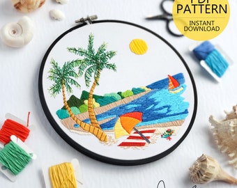 Beach Landscape Satin Stitch No.02 Embroidery Pattern & Guide - PDF Digital Download (BeCoProductions) Beach Art, DIY Embroidery